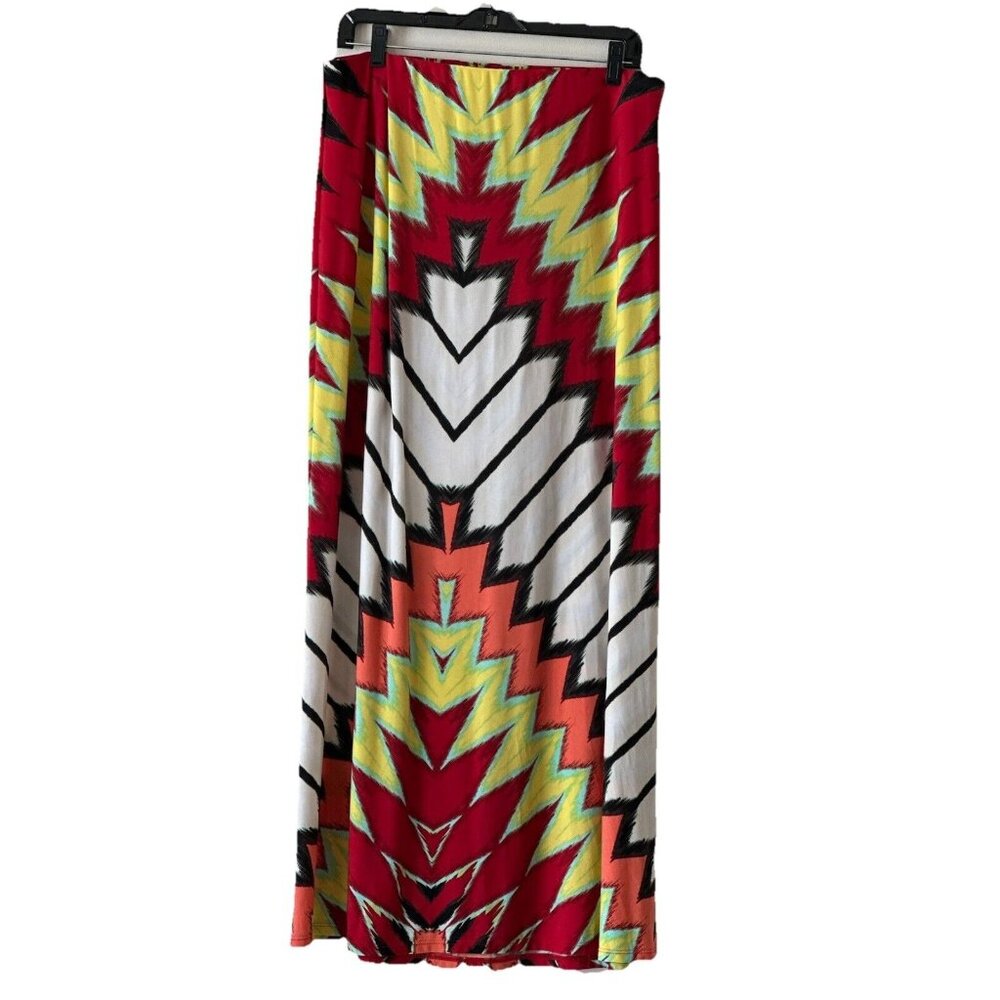 ECI New York Skirt Boho Pull On A-Line Skirt Maxi Red Green White Chevron Size L